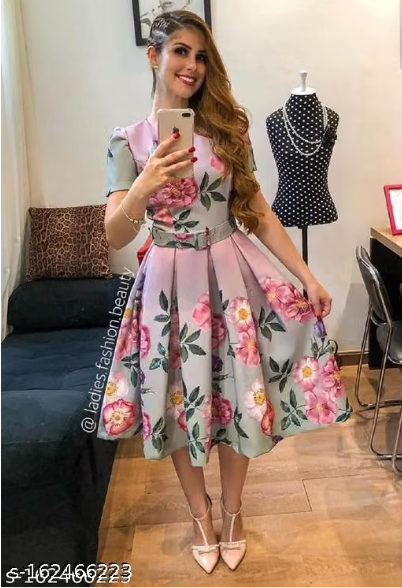 Women’s Elegant Floral Print A-Line Midi Dress