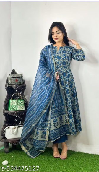 Blue Floral Printed Anarkali Kurta Pant with Kota Doria Dupatta Set - Festive Ethnic Wear