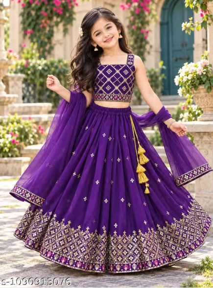 Purple Embroidered Lehenga Choli Set for Girls - Designer Kids Ethnic Wear with Dupatta