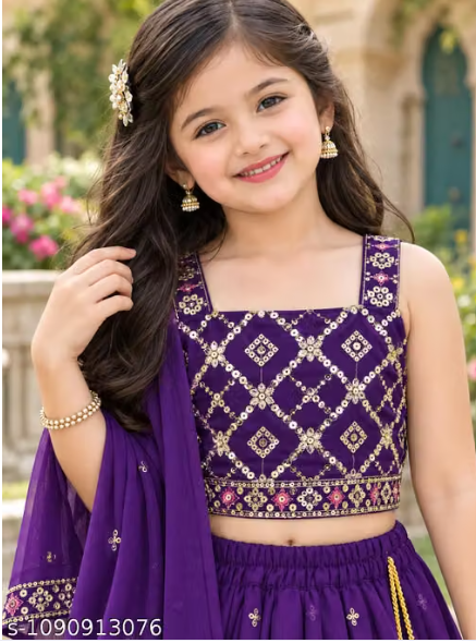 Purple Embroidered Lehenga Choli Set for Girls - Designer Kids Ethnic Wear with Dupatta