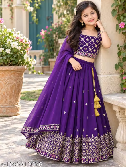 Purple Embroidered Lehenga Choli Set for Girls - Designer Kids Ethnic Wear with Dupatta