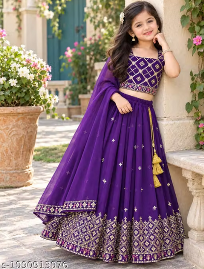 Purple Embroidered Lehenga Choli Set for Girls - Designer Kids Ethnic Wear with Dupatta