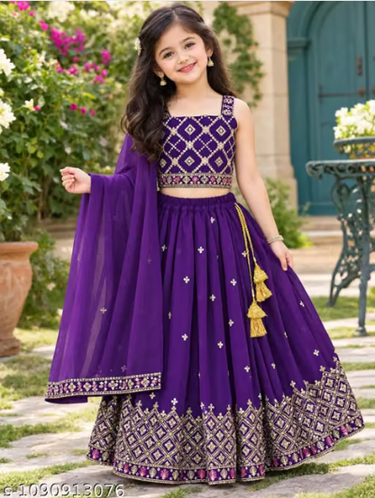 Purple Embroidered Lehenga Choli Set for Girls - Designer Kids Ethnic Wear with Dupatta