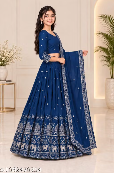 Elephant Embroidered Lehenga Choli Set for Girls - Party Wear Kids Ghaghra Choli with Dupatta