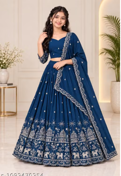 Elephant Embroidered Lehenga Choli Set for Girls - Party Wear Kids Ghaghra Choli with Dupatta