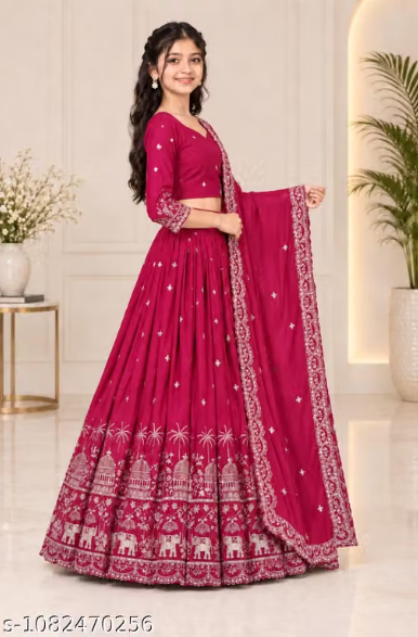 Elephant Embroidered Lehenga Choli Set for Girls - Party Wear Kids Ghaghra Choli with Dupatta