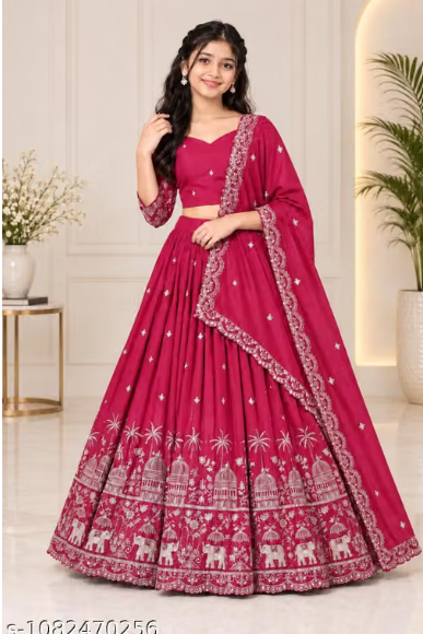 Elephant Embroidered Lehenga Choli Set for Girls - Party Wear Kids Ghaghra Choli with Dupatta