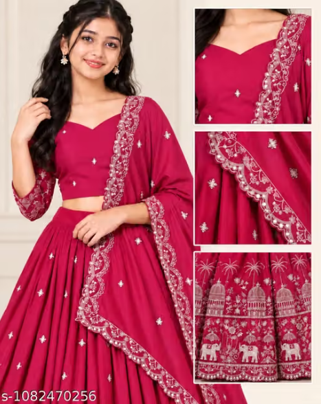 Elephant Embroidered Lehenga Choli Set for Girls - Party Wear Kids Ghaghra Choli with Dupatta
