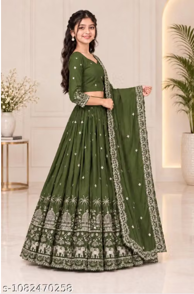 Elephant Embroidered Lehenga Choli Set for Girls - Party Wear Kids Ghaghra Choli with Dupatta