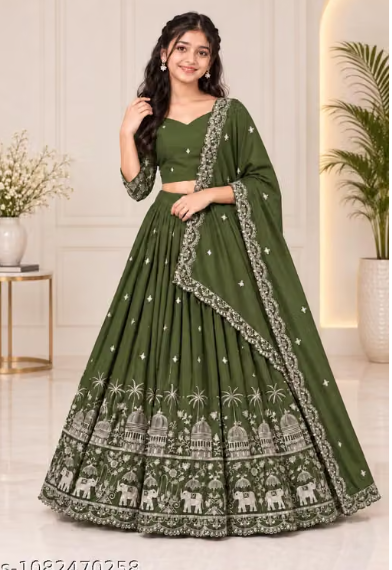 Elephant Embroidered Lehenga Choli Set for Girls - Party Wear Kids Ghaghra Choli with Dupatta