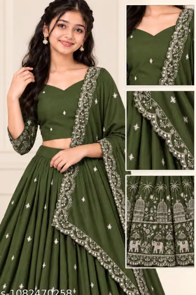 Elephant Embroidered Lehenga Choli Set for Girls - Party Wear Kids Ghaghra Choli with Dupatta