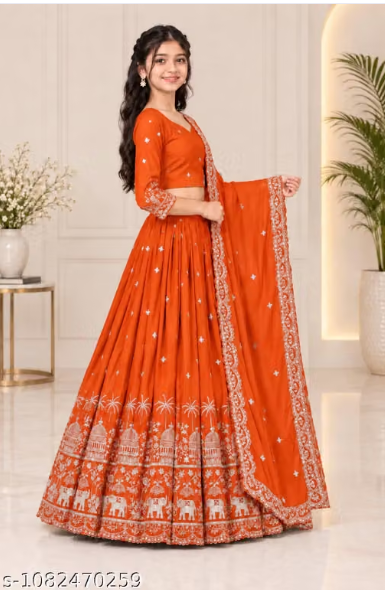 Elephant Embroidered Lehenga Choli Set for Girls - Party Wear Kids Ghaghra Choli with Dupatta