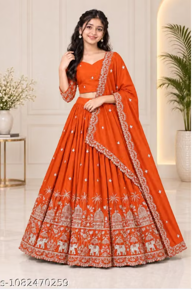 Elephant Embroidered Lehenga Choli Set for Girls - Party Wear Kids Ghaghra Choli with Dupatta