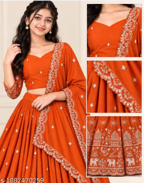 Elephant Embroidered Lehenga Choli Set for Girls - Party Wear Kids Ghaghra Choli with Dupatta