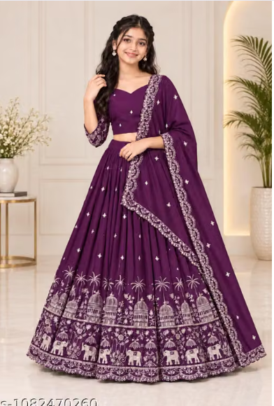 Elephant Embroidered Lehenga Choli Set for Girls - Party Wear Kids Ghaghra Choli with Dupatta