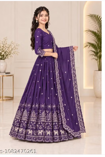 Elephant Embroidered Lehenga Choli Set for Girls - Party Wear Kids Ghaghra Choli with Dupatta