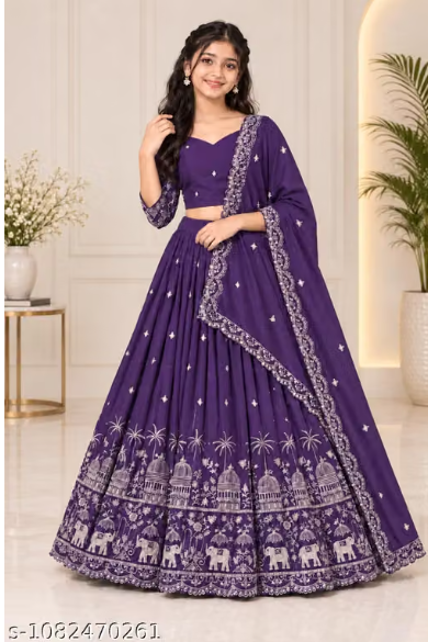 Elephant Embroidered Lehenga Choli Set for Girls - Party Wear Kids Ghaghra Choli with Dupatta