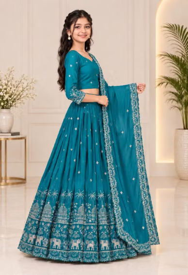 Elephant Embroidered Lehenga Choli Set for Girls - Party Wear Kids Ghaghra Choli with Dupatta