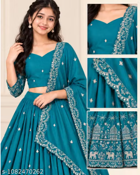 Elephant Embroidered Lehenga Choli Set for Girls - Party Wear Kids Ghaghra Choli with Dupatta