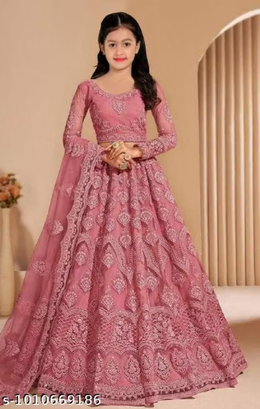 Net Embroidered Anarkali Lehenga Set for Girls - Designer Long Dress with Dupatta