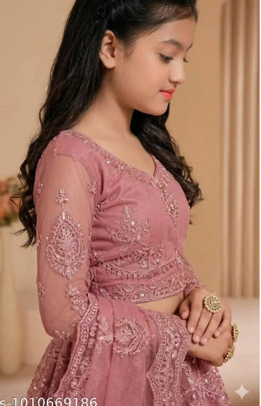 Net Embroidered Anarkali Lehenga Set for Girls - Designer Long Dress with Dupatta
