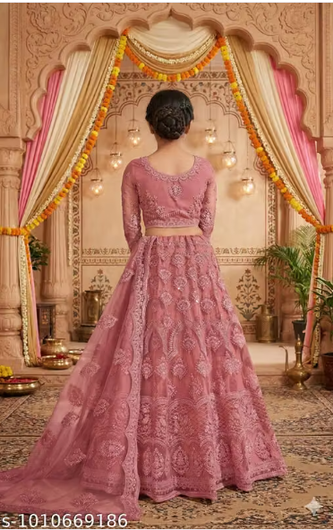 Net Embroidered Anarkali Lehenga Set for Girls - Designer Long Dress with Dupatta