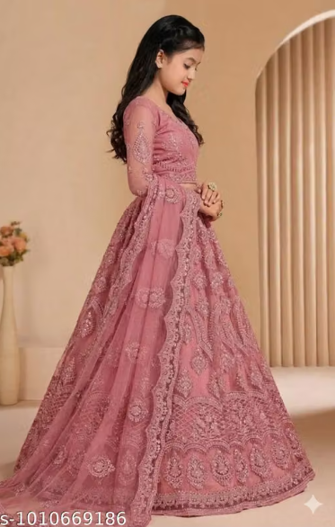 Net Embroidered Anarkali Lehenga Set for Girls - Designer Long Dress with Dupatta