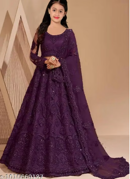 Net Embroidered Anarkali Lehenga Set for Girls - Designer Long Dress with Dupatta