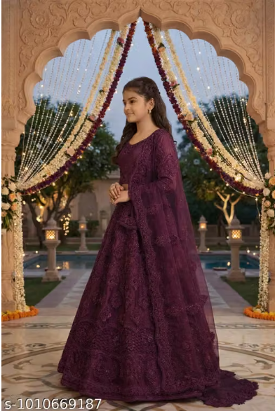 Net Embroidered Anarkali Lehenga Set for Girls - Designer Long Dress with Dupatta