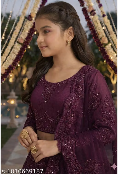 Net Embroidered Anarkali Lehenga Set for Girls - Designer Long Dress with Dupatta