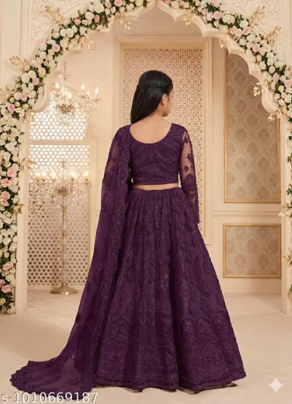 Net Embroidered Anarkali Lehenga Set for Girls - Designer Long Dress with Dupatta