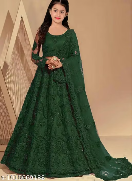 Net Embroidered Anarkali Lehenga Set for Girls - Designer Long Dress with Dupatta