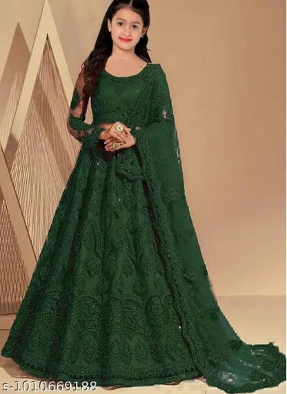 Net Embroidered Anarkali Lehenga Set for Girls - Designer Long Dress with Dupatta