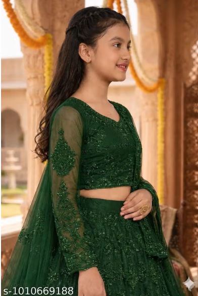 Net Embroidered Anarkali Lehenga Set for Girls - Designer Long Dress with Dupatta