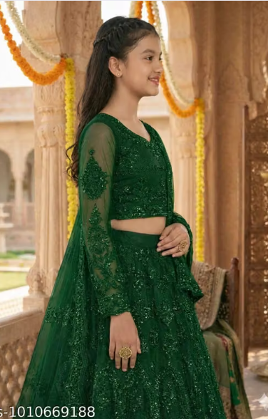 Net Embroidered Anarkali Lehenga Set for Girls - Designer Long Dress with Dupatta