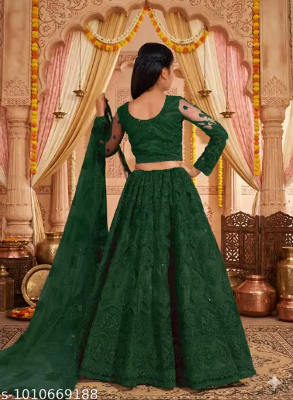 Net Embroidered Anarkali Lehenga Set for Girls - Designer Long Dress with Dupatta