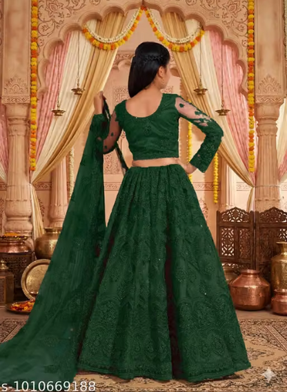 Net Embroidered Anarkali Lehenga Set for Girls - Designer Long Dress with Dupatta