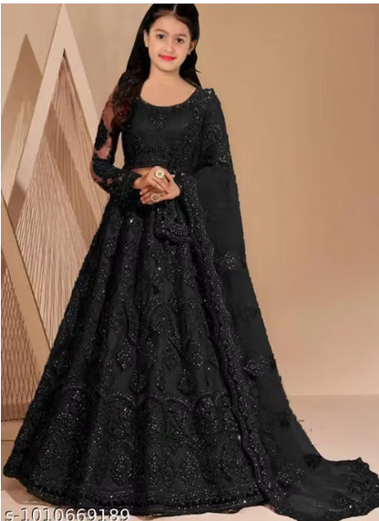 Net Embroidered Anarkali Lehenga Set for Girls - Designer Long Dress with Dupatta
