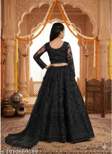 Net Embroidered Anarkali Lehenga Set for Girls - Designer Long Dress with Dupatta