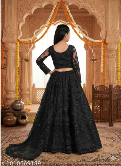Net Embroidered Anarkali Lehenga Set for Girls - Designer Long Dress with Dupatta