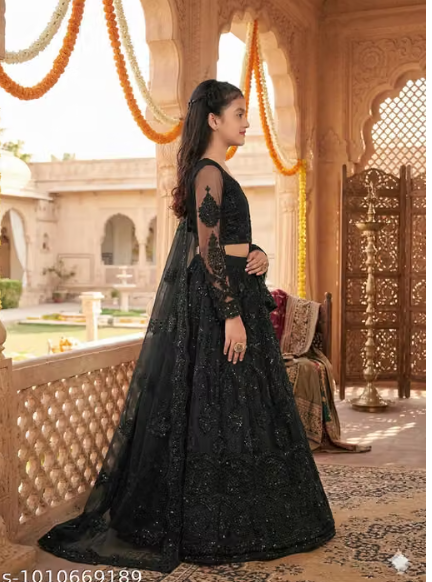 Net Embroidered Anarkali Lehenga Set for Girls - Designer Long Dress with Dupatta