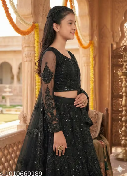 Net Embroidered Anarkali Lehenga Set for Girls - Designer Long Dress with Dupatta