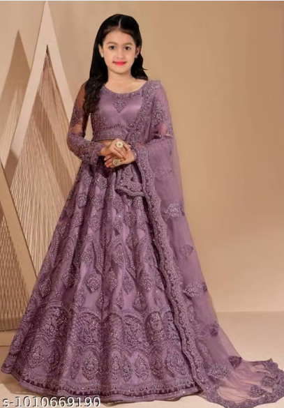Net Embroidered Anarkali Lehenga Set for Girls - Designer Long Dress with Dupatta