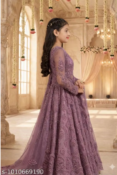 Net Embroidered Anarkali Lehenga Set for Girls - Designer Long Dress with Dupatta