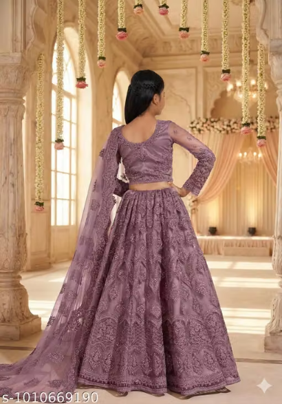 Net Embroidered Anarkali Lehenga Set for Girls - Designer Long Dress with Dupatta