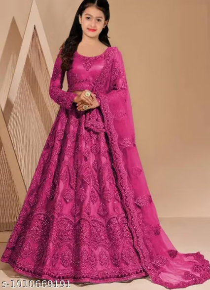 Net Embroidered Anarkali Lehenga Set for Girls - Designer Long Dress with Dupatta