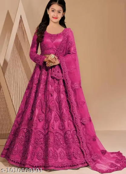 Net Embroidered Anarkali Lehenga Set for Girls - Designer Long Dress with Dupatta