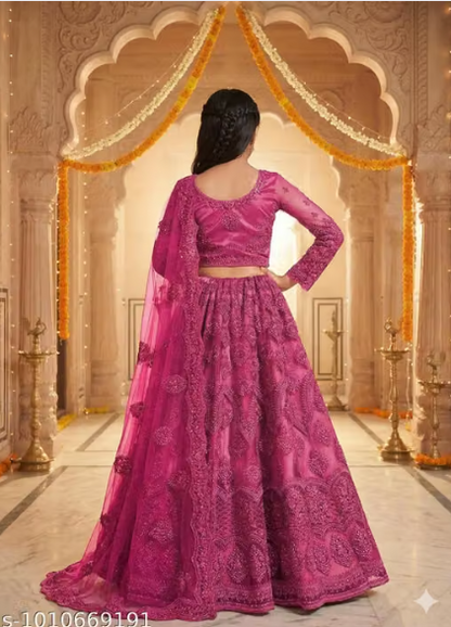 Net Embroidered Anarkali Lehenga Set for Girls - Designer Long Dress with Dupatta