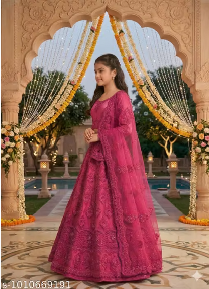 Net Embroidered Anarkali Lehenga Set for Girls - Designer Long Dress with Dupatta