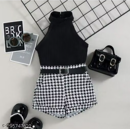 Black Halter Neck Top with Houndstooth Shorts Set for Baby Girls - Stylish Western Co-ord Set